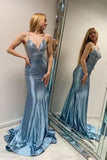Niulatu Grey Blue V Neck Mermaid Glitter Backless Satin Long Prom Dresses Formal Evening Gowns HZ1103