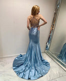 Niulatu Grey Blue V Neck Mermaid Glitter Backless Satin Long Prom Dresses Formal Evening Gowns HZ1103