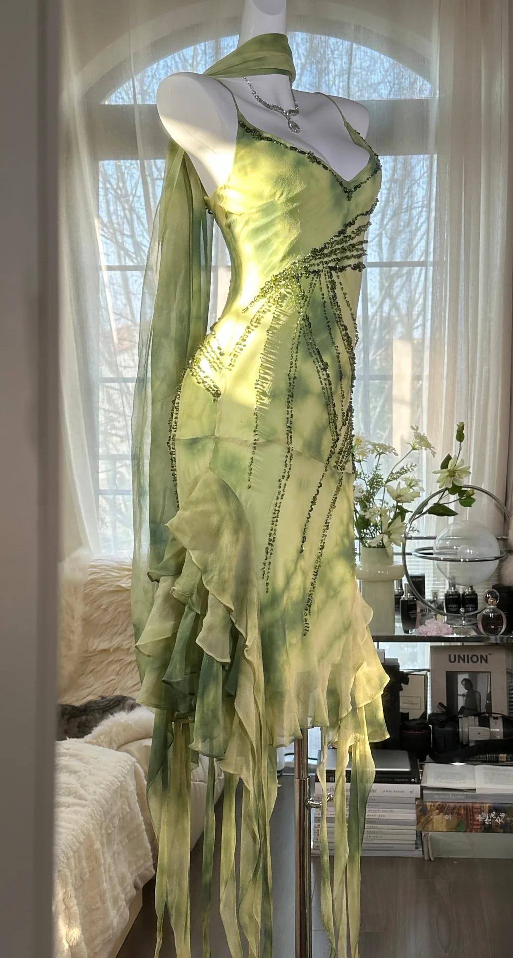 Niulatu Green Spaghetti Straps Sheath Party Dresses Chiffon Beaded Short Y2K Prom Dresses HZ1103