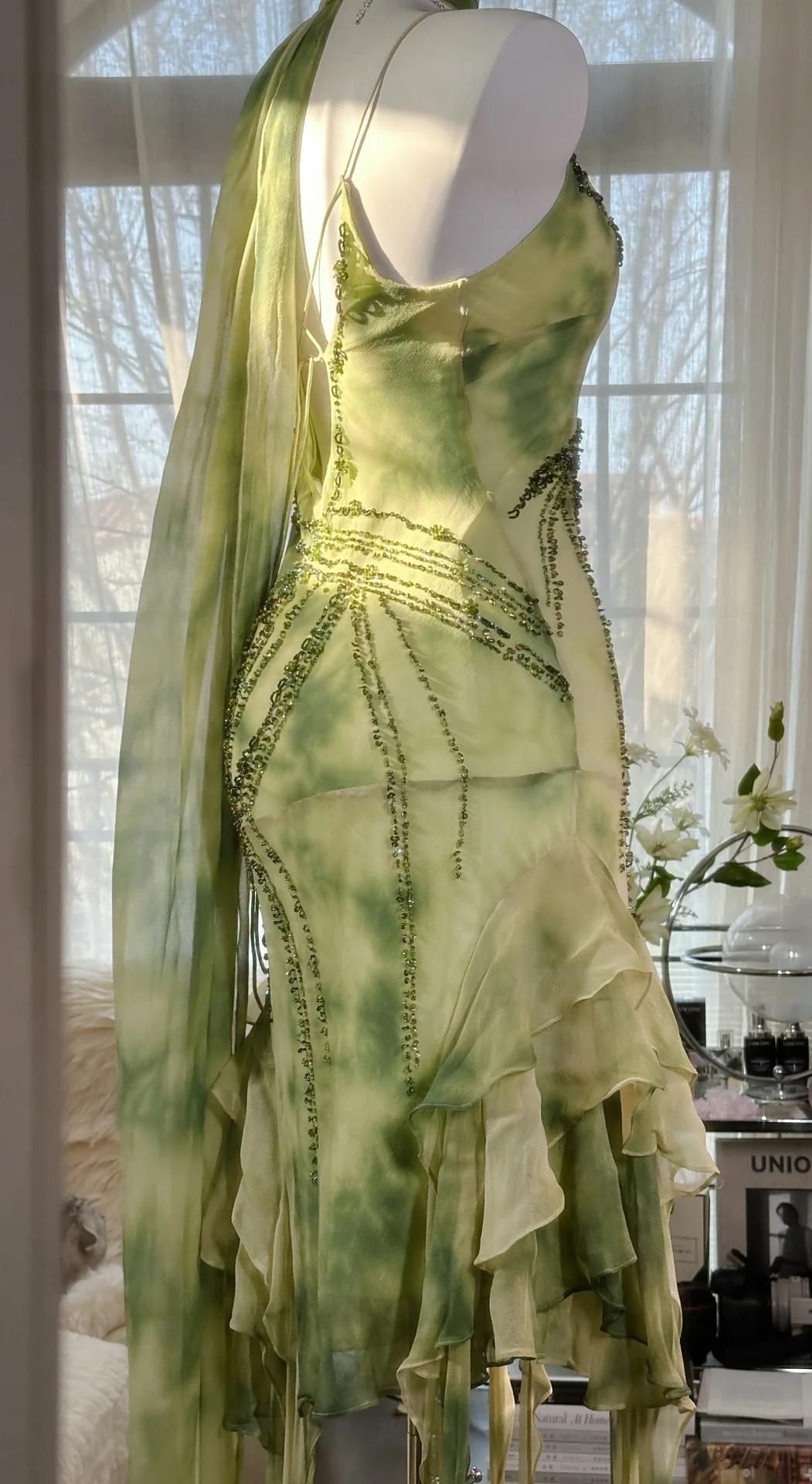 Niulatu Green Spaghetti Straps Sheath Party Dresses Chiffon Beaded Short Y2K Prom Dresses HZ1103