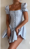 Niulatu Sky Blue Square Neck Satin Corset A-Line Party Dresses Short Prom Dresses HZ1103