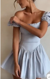 Niulatu Sky Blue Square Neck Satin Corset A-Line Party Dresses Short Prom Dresses HZ1103