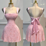Niulatu Pink A-Line Square Neck Homecoming Dress Chiffon Embroidered Bow Open Back Short Prom Dresses HZ1103