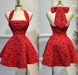 Niulatu Red A-Line Halter Neck Homecoming Dress Jacquard Satin Open Back Short Prom HZ1103