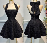 Niulatu Red A-Line Halter Neck Homecoming Dress Jacquard Satin Open Back Short Prom HZ1103