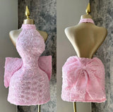 Niulatu Pink A-Line Halter Neck Homecoming Dress Chiffon Applique Open Back Short Prom Dresses HZ1103