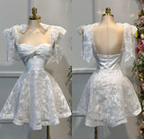 Niulatu White A-Line Sweetheart Neck Homecoming Dress Tulle Lace Appliques Open Back Short Prom Dresses HZ1103