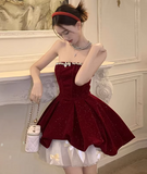 Niulatu Red Velvet A-Line Strapless Homecoming Dress Tulle Two-Piece Short Prom Dresses with Bow HZ1103