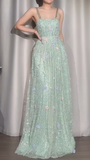 Niulatu Mint Green Straps A-Line Chiffon Beaded Long Prom Dresses with Appliques Sweet Birthday Evening Gowns HZ1103