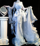 Niulatu Grey Blue Mermaid Tulle Halter Embroidery Applique Long Prom Dresses HZ1103