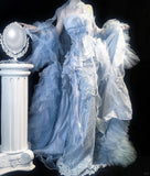 Niulatu Grey Blue Mermaid Tulle Halter Embroidery Applique Long Prom Dresses HZ1103