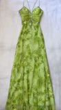 Niulatu Bud Green V-neck Satin Beaded Applique Sheath Prom Dresses Vintage Backless Evening Gowns HZ1103