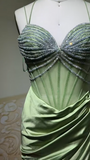 Niulatu Sage Green Sweetheart Mermaid Satin Prom Dresses Formal Evening Gowns with Rhinestones HZ1103