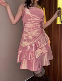 Niulatu Vintage Outfits for Party Y2K Spaghetti Straps Sheath Chiffon Satin Short Prom Dresses HZ1103