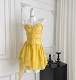 Niulatu Butter Yellow Spaghetti Straps A-Line Chiffon Short Prom Dresses Homecoming Dress HZ1103