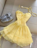 Niulatu Butter Yellow Spaghetti Straps A-Line Chiffon Short Prom Dresses Homecoming Dress HZ1103