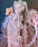 Niulatu Pink Strapless Mermaid Beaded Tulle Long Prom Dresses Formal Evening Gowns with Embroidered Appliques HZ1103