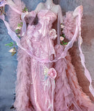 Niulatu Pink Strapless Mermaid Beaded Tulle Long Prom Dresses Formal Evening Gowns with Embroidered Appliques HZ1103