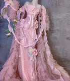 Niulatu Pink Strapless Mermaid Beaded Tulle Long Prom Dresses Formal Evening Gowns with Embroidered Appliques HZ1103