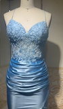Niulatu Sky Blue Spaghetti Straps Bodycon Lace Applique Satin Long Prom Dresses Formal Evening Gowns HZ1103