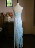 Niulatu Light Blue V-neck Printed Chiffon with Ruffles Sheath Long Prom Dresses Vintage Party Dress HZ1103