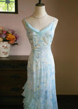 Niulatu Light Blue V-neck Printed Chiffon with Ruffles Sheath Long Prom Dresses Vintage Party Dress HZ1103