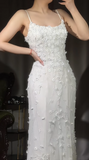 Niulatu White Spaghetti Straps Mermaid Chiffon Beaded Long Prom Dresses Formal Evening Gowns HZ1103