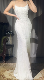 Niulatu White Spaghetti Straps Mermaid Chiffon Beaded Long Prom Dresses Formal Evening Gowns HZ1103