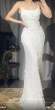 Niulatu White Spaghetti Straps Mermaid Chiffon Beaded Long Prom Dresses Formal Evening Gowns HZ1103