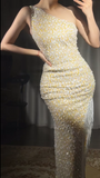 Niulatu Yellow One Shoulder Sheath Sequin Beaded Long Prom Dresses Evening Gowns with Slits HZ1103