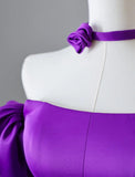Niulatu Purple Off Shoulder A-Line Satin Long Prom Dresses Formal Evening Gowns HZ1103