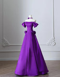 Niulatu Purple Off Shoulder A-Line Satin Long Prom Dresses Formal Evening Gowns HZ1103