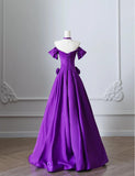 Niulatu Purple Off Shoulder A-Line Satin Long Prom Dresses Formal Evening Gowns HZ1103