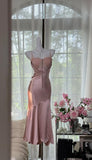 Niulatu Blush Pink Spaghetti Straps Party Dress Sheath Satin Prom Dresses HZ1103