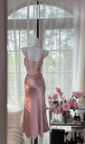 Niulatu Blush Pink Spaghetti Straps Party Dress Sheath Satin Prom Dresses HZ1103