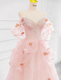 Niulatu Pink Off-the-shoulder A-Line Tulle Wedding Dress HZ1103
