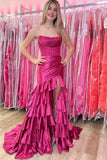 Niulatu Fuchsia Strapless Mermaid Satin Beaded Long Prom Dresses Formal Evening Dresses With Slits HZ1103