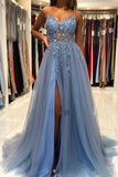 Niulatu Grey Blue Spaghetti Straps Sequined A-Line Tulle Long Prom Dresses Formal Evening Gowns HZ1103