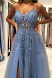 Niulatu Grey Blue Spaghetti Straps Sequined A-Line Tulle Long Prom Dresses Formal Evening Gowns HZ1103