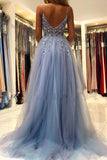 Niulatu Grey Blue Spaghetti Straps Sequined A-Line Tulle Long Prom Dresses Formal Evening Gowns HZ1103