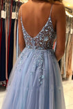 Niulatu Grey Blue Spaghetti Straps Sequined A-Line Tulle Long Prom Dresses Formal Evening Gowns HZ1103