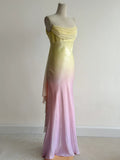 Niulatu Gradient Yellow Pink Spaghetti Straps Mermaid Satin Prom Dresses Vintage Evening Gowns HZ1103