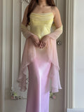 Niulatu Gradient Yellow Pink Spaghetti Straps Mermaid Satin Prom Dresses Vintage Evening Gowns HZ1103