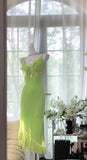 Niulatu Bud Green Spaghetti Straps Sheath Chiffon Short Prom Dresses Vintage Evening Gowns HZ1103