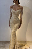 Niulatu Yellow Off Shoulder Mermaid Long Sleeve Beaded Prom Dresses Fashion Evening Dress HZ1103