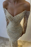 Niulatu Yellow Off Shoulder Mermaid Long Sleeve Beaded Prom Dresses Fashion Evening Dress HZ1103
