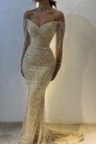Niulatu Yellow Off Shoulder Mermaid Long Sleeve Beaded Prom Dresses Fashion Evening Dress HZ1103