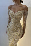 Niulatu Yellow Off Shoulder Mermaid Long Sleeve Beaded Prom Dresses Fashion Evening Dress HZ1103