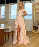 Niulatu Blush Pink Off-the-shoulder A-Line Chiffon Satin Prom Dresses Evening Gowns with Slits HZ1103