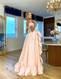 Niulatu Blush Pink Off-the-shoulder A-Line Chiffon Satin Prom Dresses Evening Gowns with Slits HZ1103